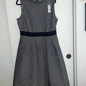 Eva Mendes Navy Blue and White A-Line Midi Dress